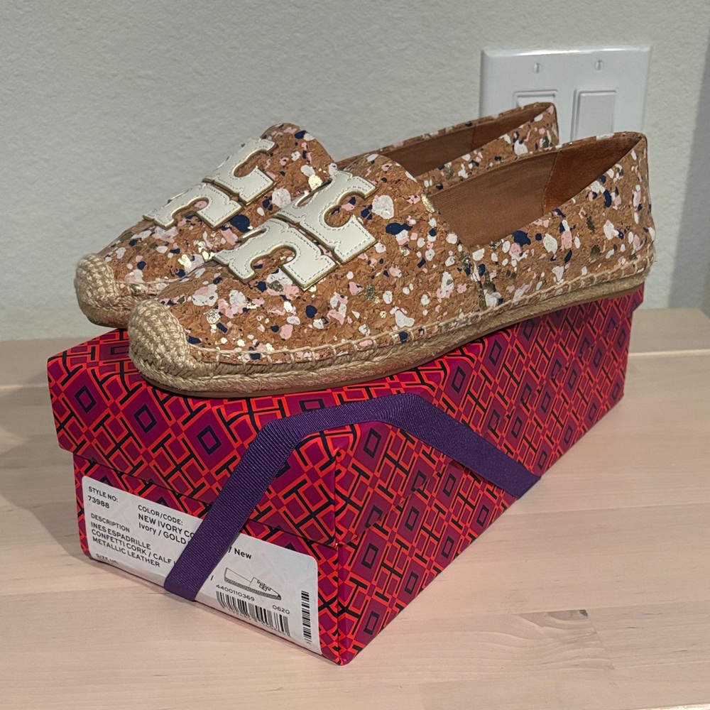 NIB Tory Burch size 8.5 Ines Confetti Cork Espadrille